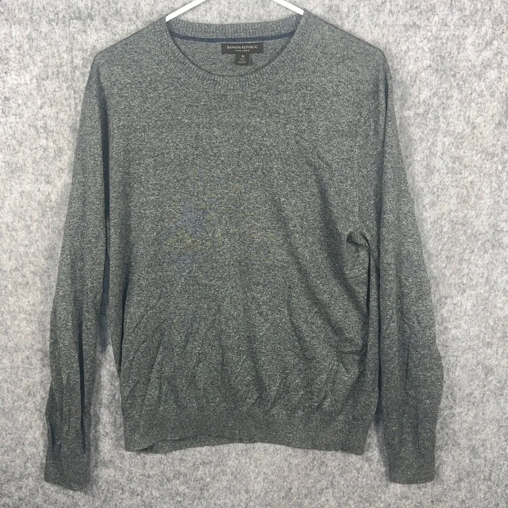 Banana Republic Men Silk Linen Crewneck Sweater Marled Grey Green Size M